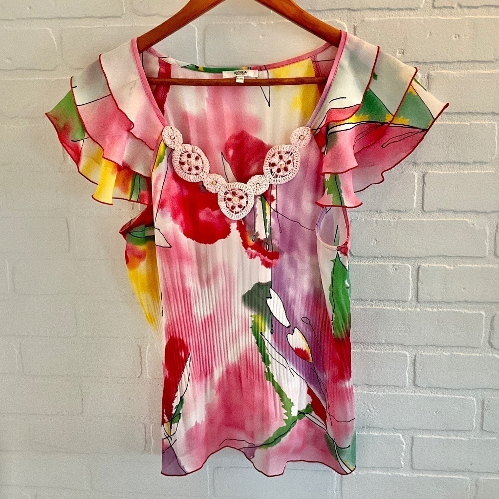 Vintage Y2K Blouse Watercolor Fairy Flounce shoulders Rainbow Sz Petite L
